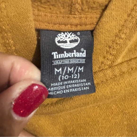 Timberland Logo Pullover Hoodie size M 10-12 Mustard Yellow Cotton Blend Youth - Picture 3 of 8